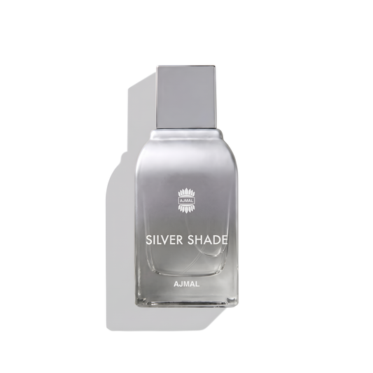Bottle of Ajmal Silver Shade EDP fragrance on a white background with soft shadow