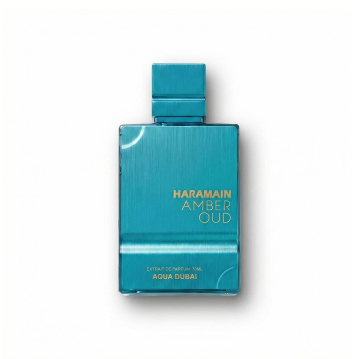 Bottle of Al Haramain Amber Oud Aqua Dubai EDP fragrance on a white background with soft shadow