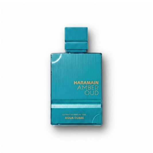 Bottle of Al Haramain Amber Oud Aqua Dubai Extrait fragrance on a white background with soft shadow