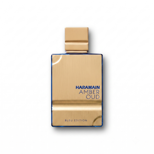 Bottle of Al Haramain Amber Oud Blue Edition EDP fragrance on a white background with soft shadow