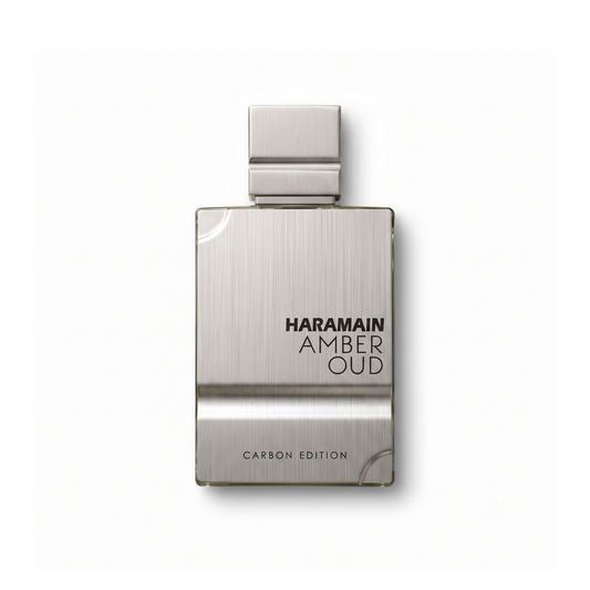 Bottle of Al Haramain Amber Oud Carbon Edition EDP fragrance on a white background with soft shadow