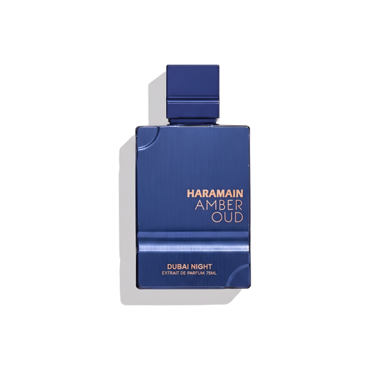 Bottle of Al Haramain Amber Oud Dubai Night Extrait fragrance on a white background with soft shadow