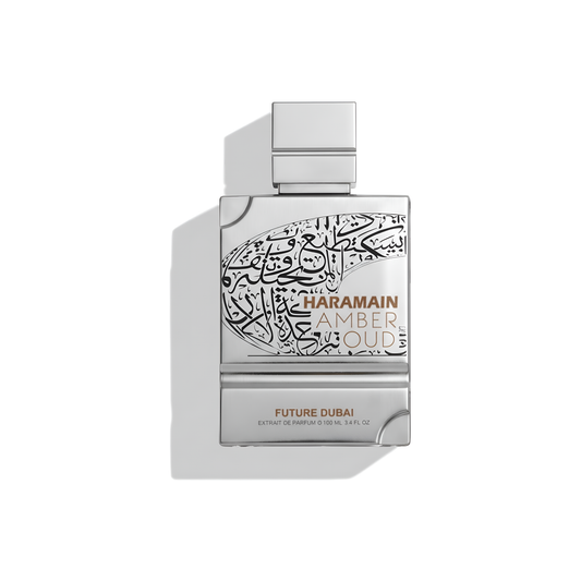 Bottle of Al Haramain Amber Oud Future Dubai Extrait fragrance on a white background with soft shadow