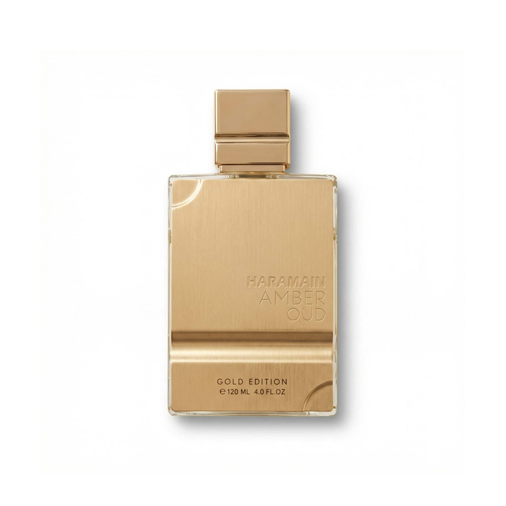 Bottle of Al Haramain Amber Oud Gold Edition EDP fragrance on a white background with soft shadow