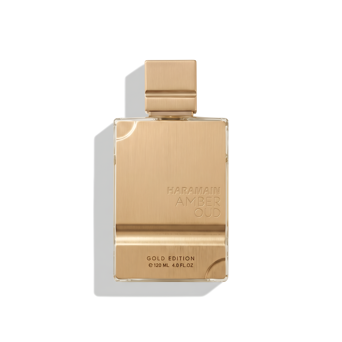 Bottle of Al Haramain Amber Oud Gold Edition EDP fragrance on a white background with soft shadow