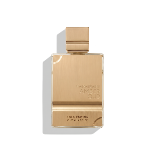 Bottle of Al Haramain Amber Oud Gold Edition EDP fragrance on a white background with soft shadow