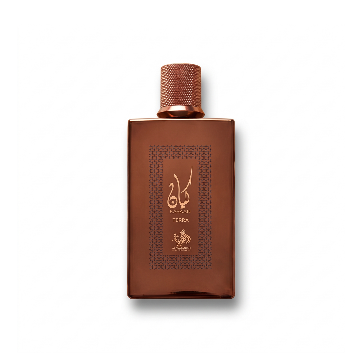 Bottle of Al Wataniah Kayaan Terra EDP fragrance on a white background with soft shadow