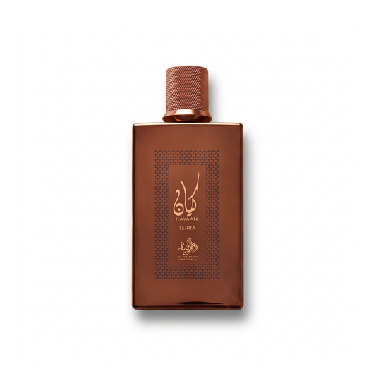 Bottle of Al Wataniah Kayaan Terra EDP fragrance on a white background with soft shadow