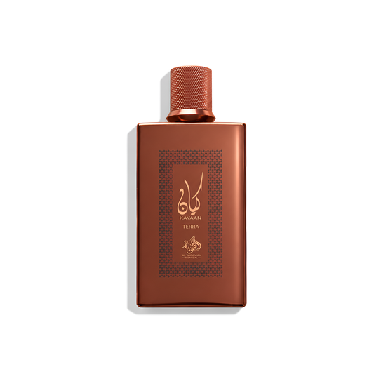 Bottle of Al Wataniah Kayaan Terra EDP fragrance on a white background with soft shadow
