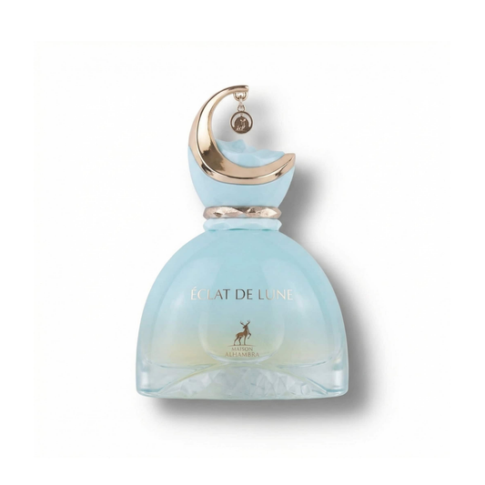 Bottle of Alhambra Eclat de Lune EDP fragrance on a white background with soft shadow