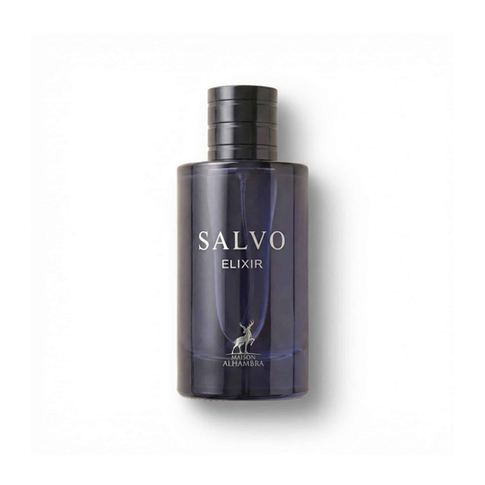 Bottle of Alhambra Salvo Elixir fragrance on a white background with soft shadow