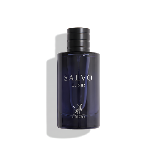 Bottle of Alhambra Salvo Elixir fragrance on a white background with soft shadow