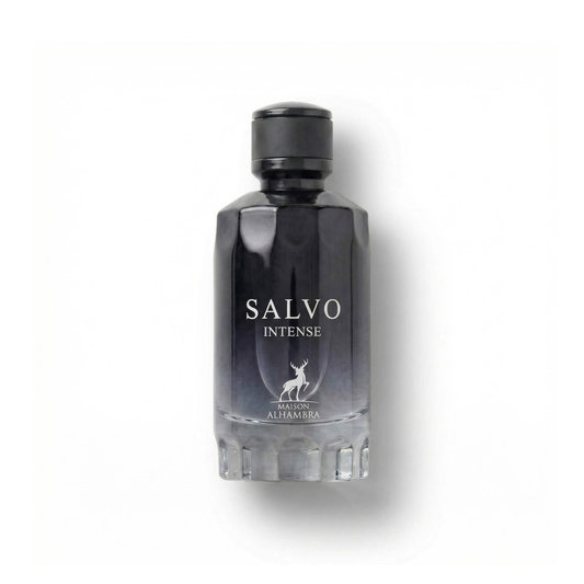 Bottle of Alhambra Salvo Intense EDP fragrance on a white background with soft shadow
