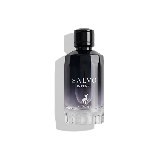 Bottle of Alhambra Salvo Intense EDP fragrance on a white background with soft shadow