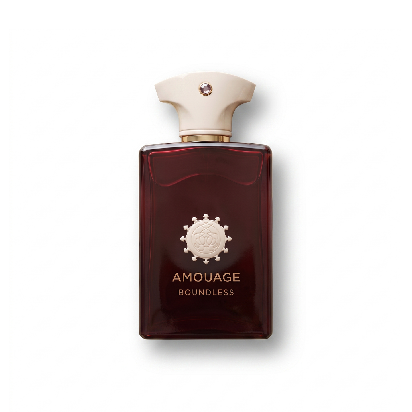 Bottle of Amouage Boundless EDP fragrance on a white background with soft shadow