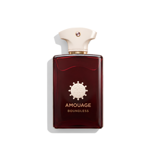 Bottle of Amouage Boundless EDP fragrance on a white background with soft shadow