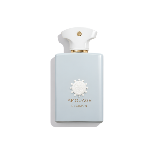 Bottle of Amouage Decision EDP fragrance on a white background with soft shadow