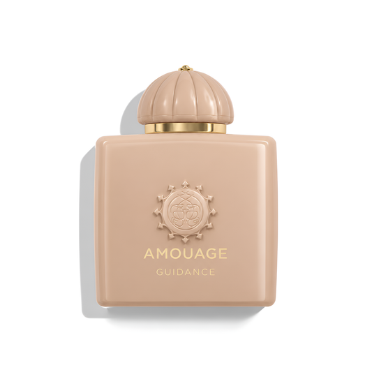 Bottle of Amouage Guidance EDP fragrance on a white background with soft shadow