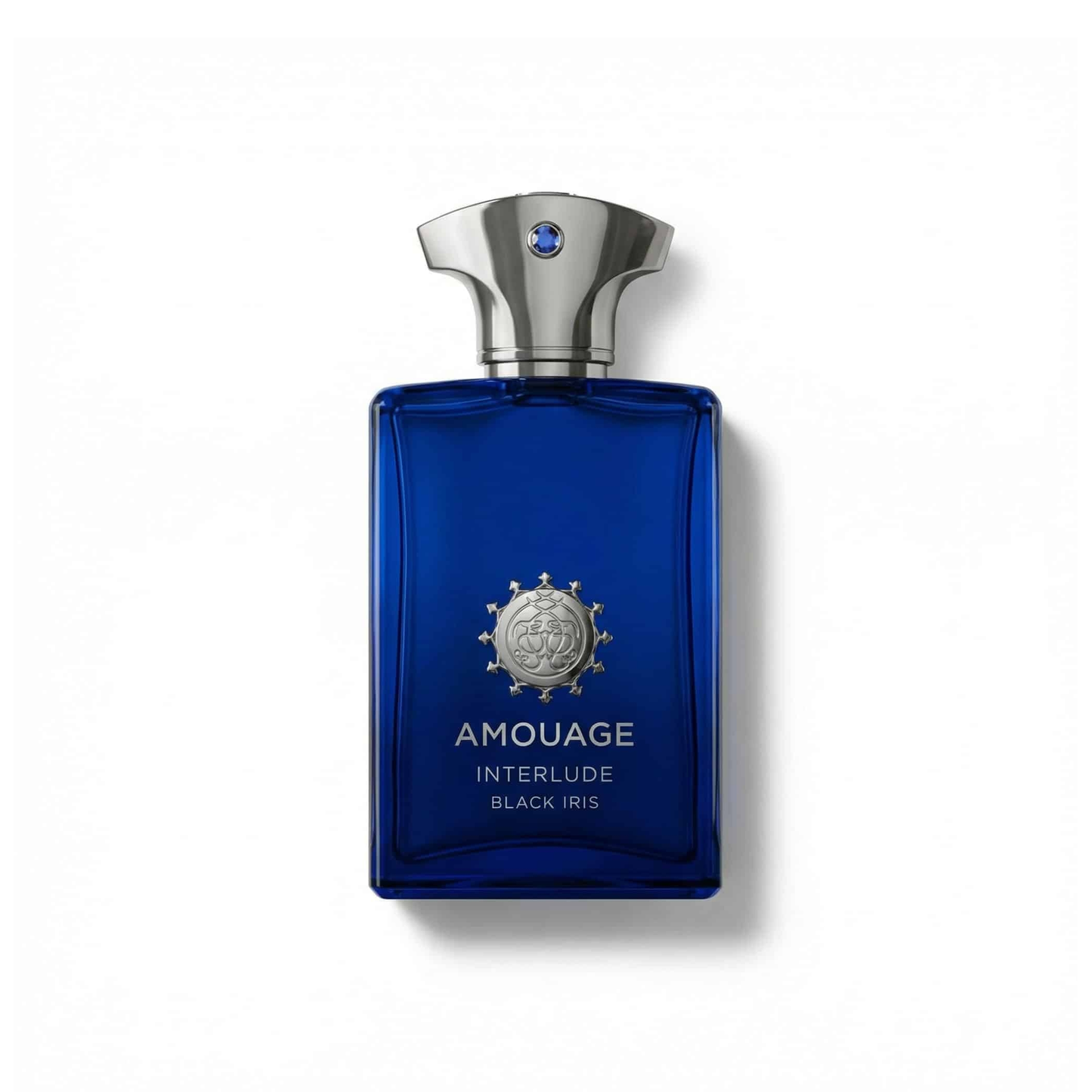 Bottle of Amouage Interlude Black Iris EDP fragrance on a white background with soft shadow