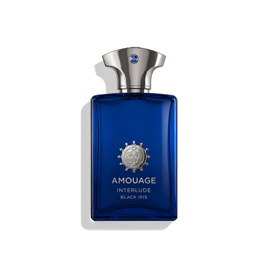 Bottle of Amouage Interlude Black Iris EDP fragrance on a white background with soft shadow