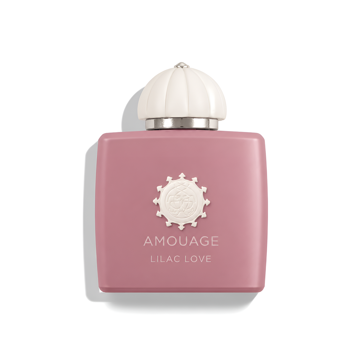 Bottle of Amouage Lilac Love EDP fragrance on a white background with soft shadow