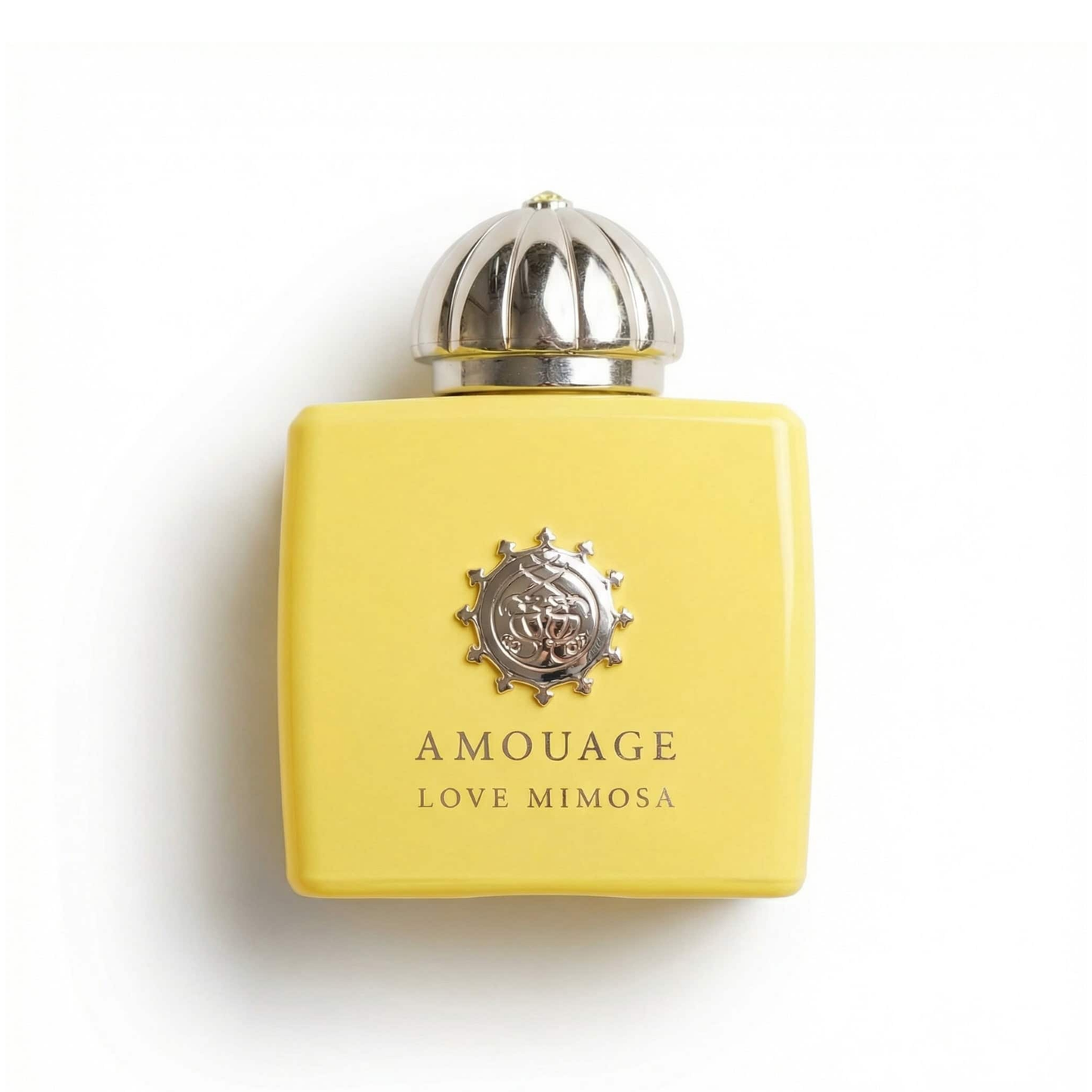 Bottle of Amouage Love Mimosa EDP fragrance on a white background with soft shadow