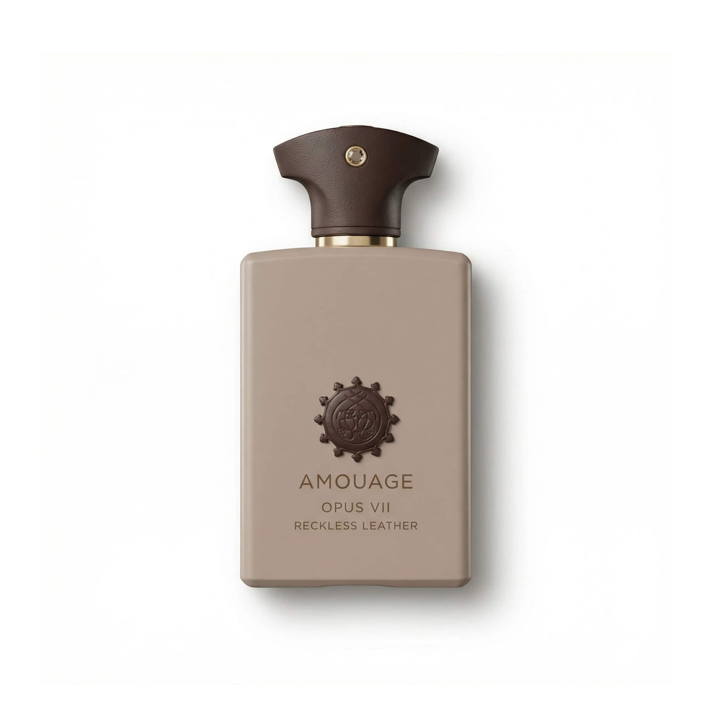 Bottle of Amouage Opus VII Reckless Leather EDP fragrance on a white background with soft shadow