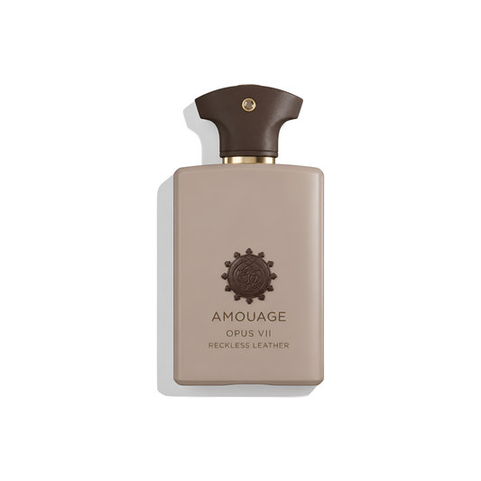 Bottle of Amouage Opus VII Reckless Leather EDP fragrance on a white background with soft shadow