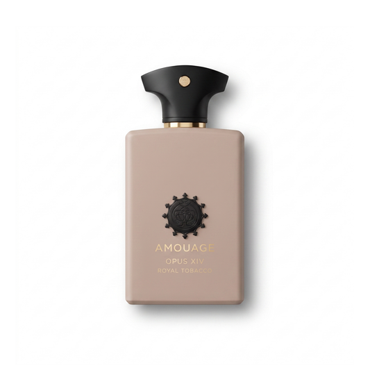 Bottle of Amouage Opus XIV Royal Tobacco EDP fragrance on a white background with soft shadow