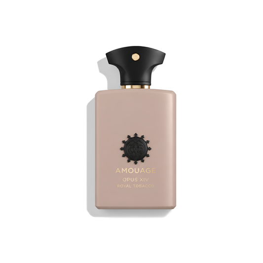 Bottle of Amouage Opus XIV Royal Tobacco EDP fragrance on a white background with soft shadow