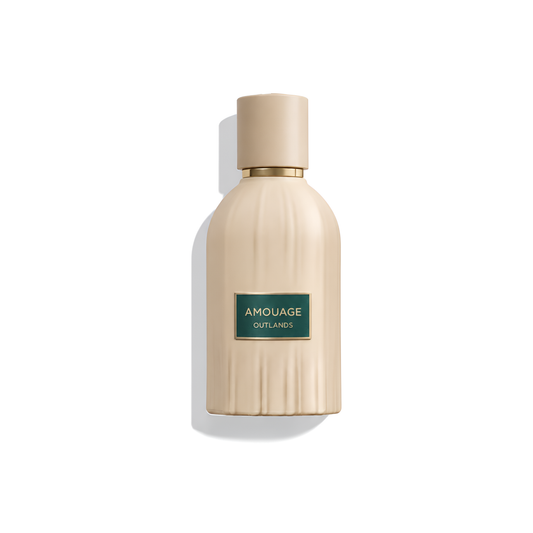 Bottle of Amouage Outlands Extrait fragrance on a white background with soft shadow