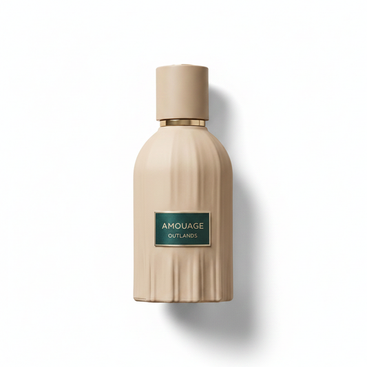 Bottle of Amouage Outlands fragrance on a white background with soft shadow