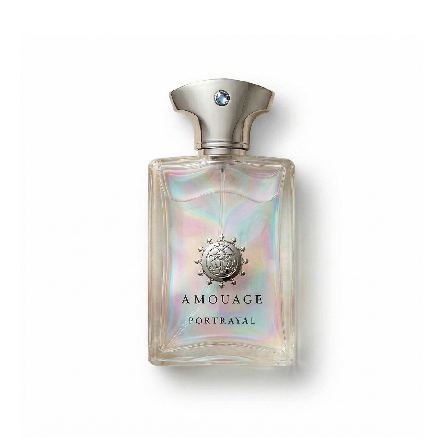 Bottle of Amouage Portrayal Man EDP fragrance on a white background with soft shadow