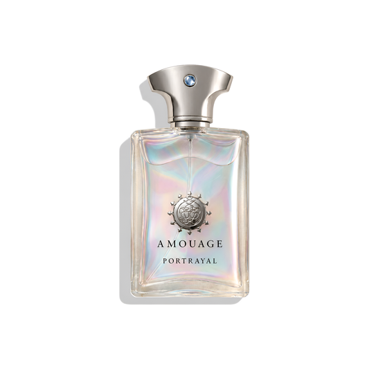 Bottle of Amouage Portrayal Man EDP fragrance on a white background with soft shadow