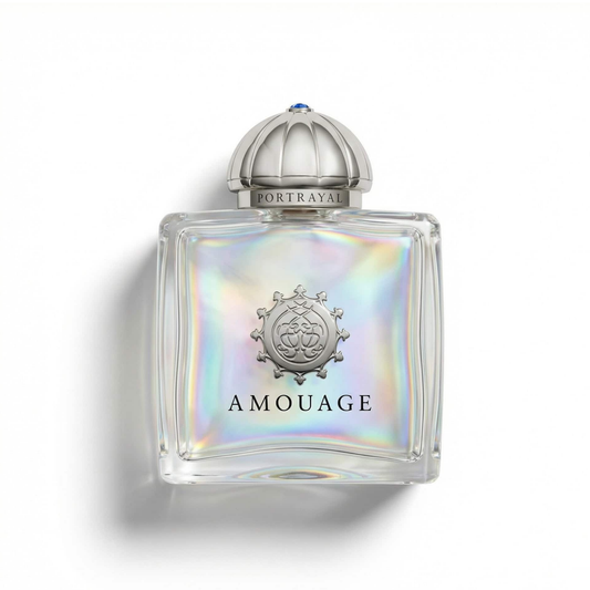 Bottle of Amouage Portrayal Woman (Batch - 2019) EDP fragrance on a white background with soft shadow
