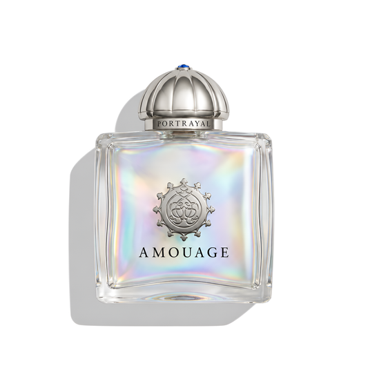 Bottle of Amouage Portrayal Woman (Batch - 2019) EDP fragrance on a white background with soft shadow