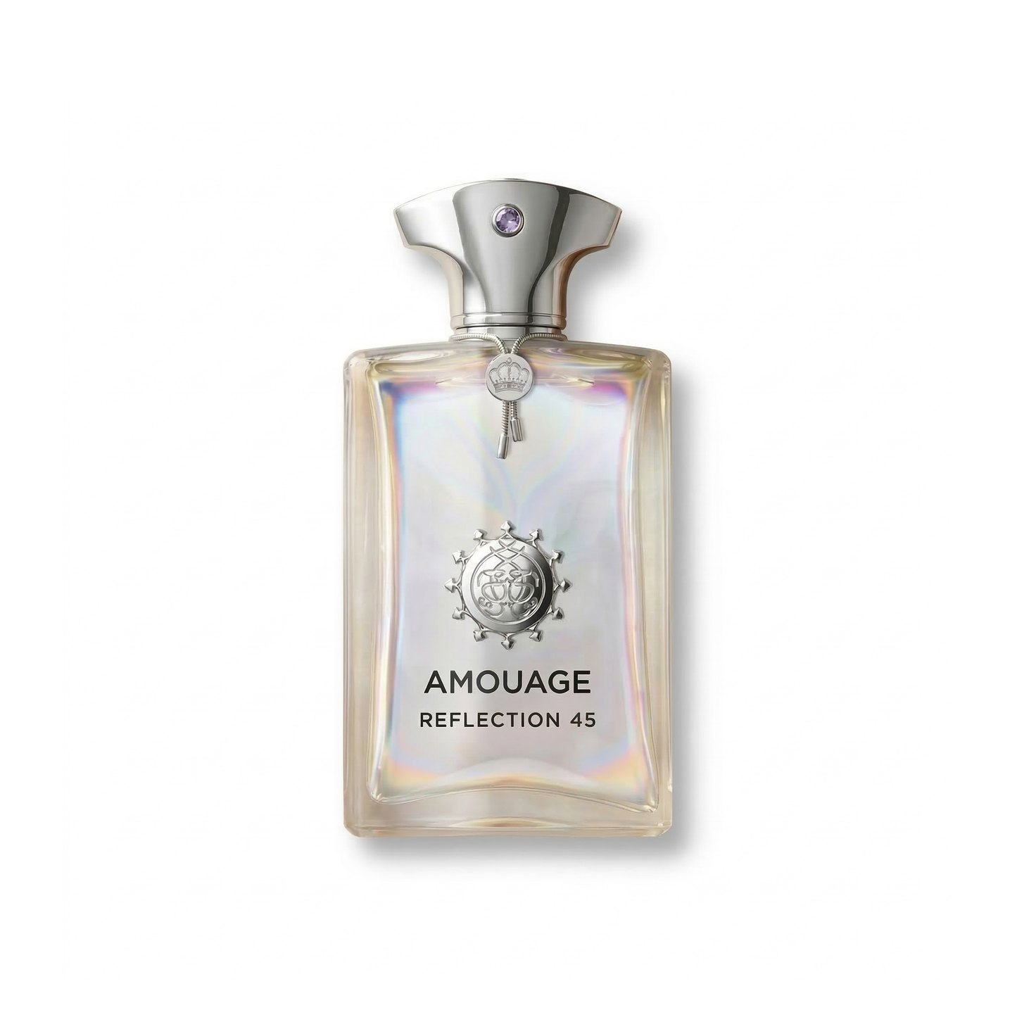 Bottle of Amouage Reflection 45 EDP fragrance on a white background with soft shadow