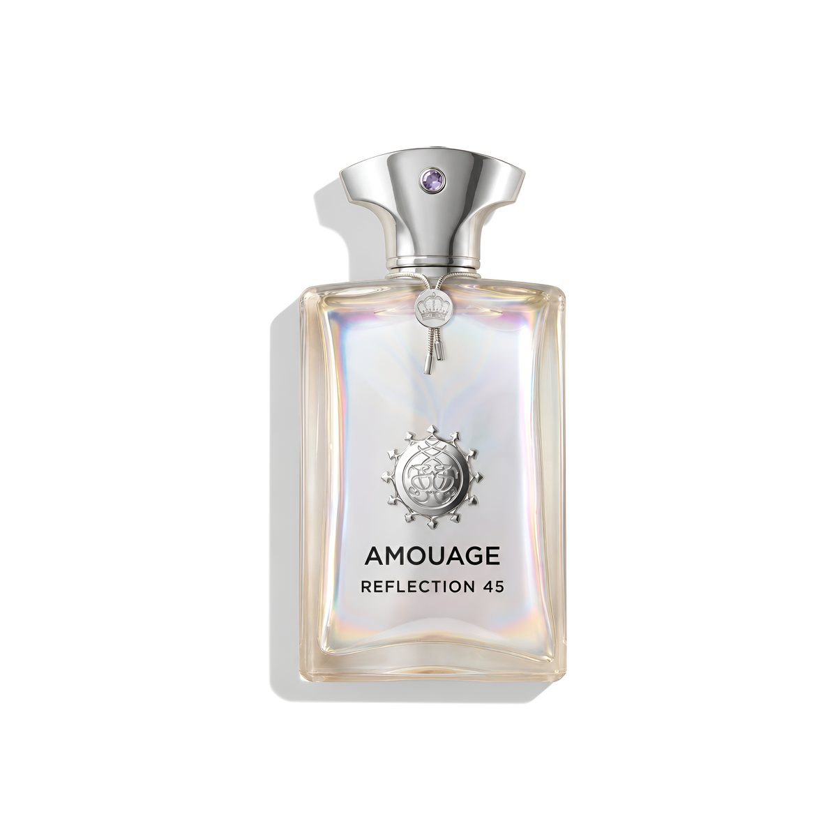 Bottle of Amouage Reflection 45 Extrait fragrance on a white background with soft shadow