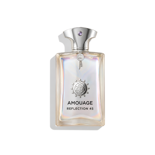 Bottle of Amouage Reflection 45 Extrait fragrance on a white background with soft shadow