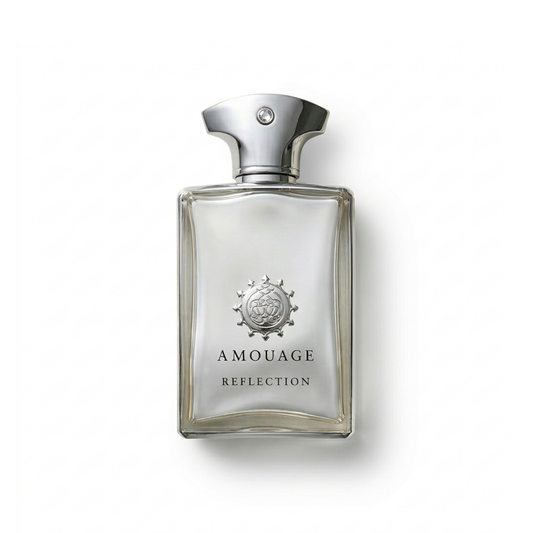 Bottle of Amouage Reflection Man EDP fragrance on a white background with soft shadow