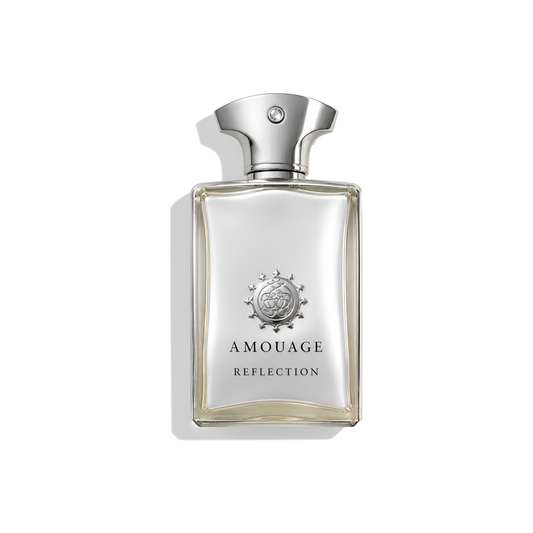 Bottle of Amouage Reflection Man EDP fragrance on a white background with soft shadow
