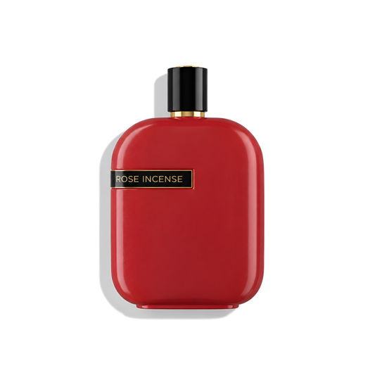 Bottle of Amouage Rose Incense EDP fragrance on a white background with soft shadow