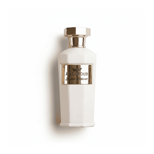 Bottle of Amouroud Lunar Vetiver EDP fragrance on a white background with soft shadow
