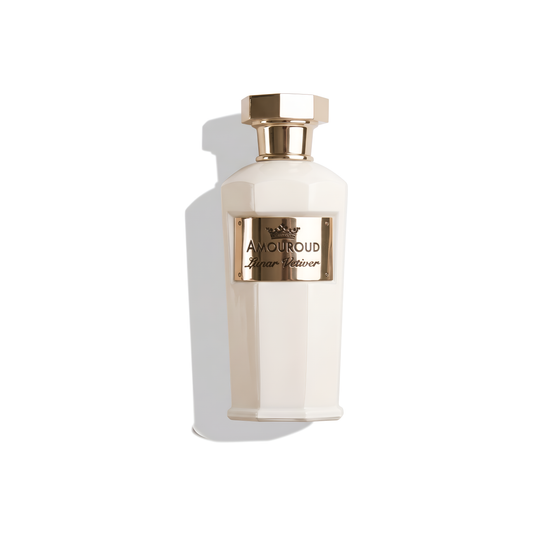 Bottle of Amouroud Lunar Vetiver EDP fragrance on a white background with soft shadow