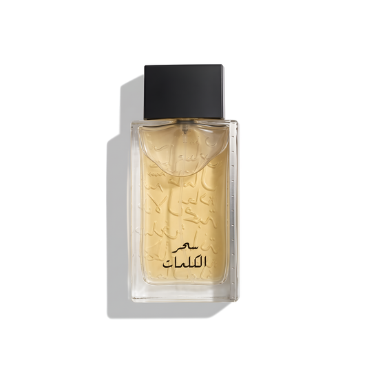 Bottle of Arabian Oud Kalemat Black EDP fragrance on a white background with soft shadow