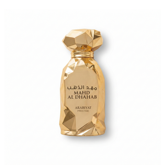Bottle of Arabiyat Mahd Al Dhahab EDP fragrance on a white background with soft shadow
