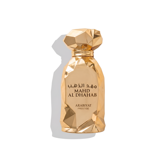 Bottle of Arabiyat Mahd Al Dhahab EDP fragrance on a white background with soft shadow