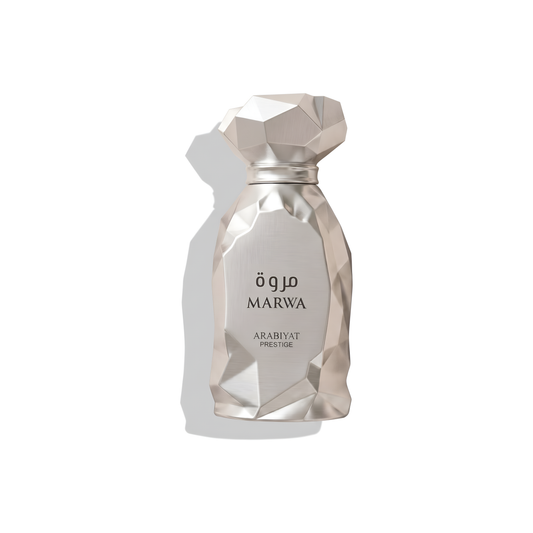 Bottle of Arabiyat Marwa EDP fragrance on a white background with soft shadow