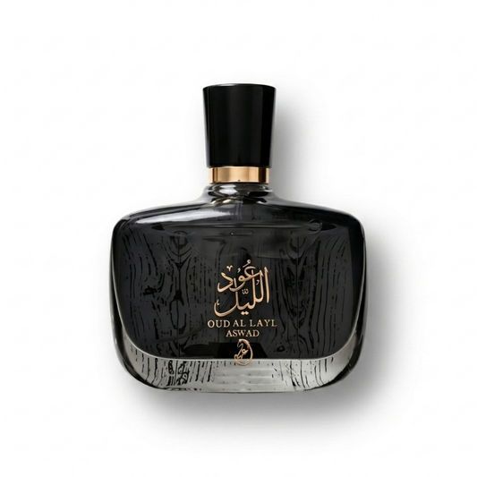 Bottle of Arabiyat Oud Al Layl Aswad EDP fragrance on a white background with soft shadow