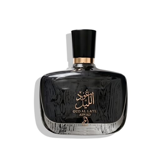 Bottle of Arabiyat Oud Al Layl Aswad EDP fragrance on a white background with soft shadow